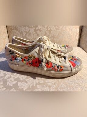 Keds Cream Canvas Sneakers with Red and Orange Floral Embroidery